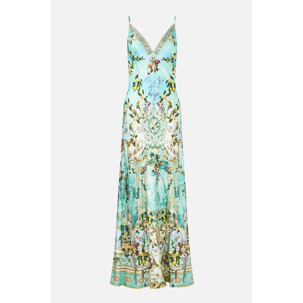 Camilla v neck long bias slip dress with train Venus on a vespa S - Picture 2 of 4